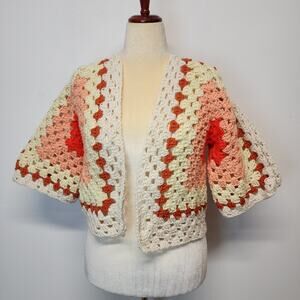 Womens Granny Square Crochet Cardigan Size S Orange Flare Sleeve Hand Knit Open